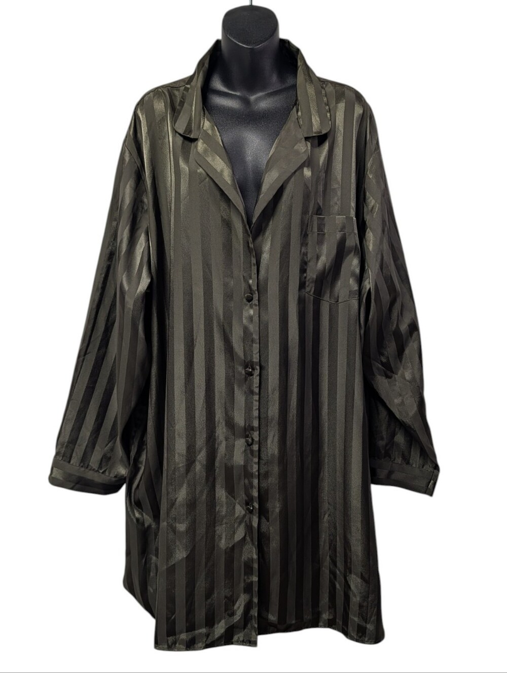 Jaclyn Smith Olive Green Satin Striped Button Up Shirt Plus Size 4X Long Tunic